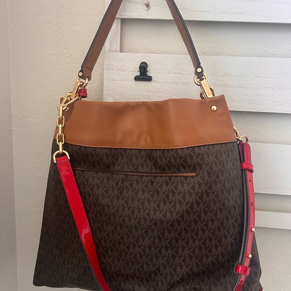 Michael Kors MK Lex Designer Hobo Bag in Brown Tan Red Crossbody Purse Tote - Picture 2 of 10